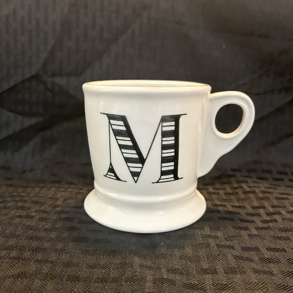 Anthropologie Monogram Retro Coffee Mug Letter Initial M Ivory black